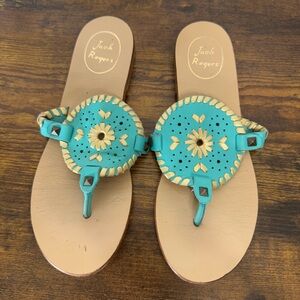 Jack Rogers 7 Georgica Flat Sandal Caribbean Blue Gold Leather Turquoise Stud